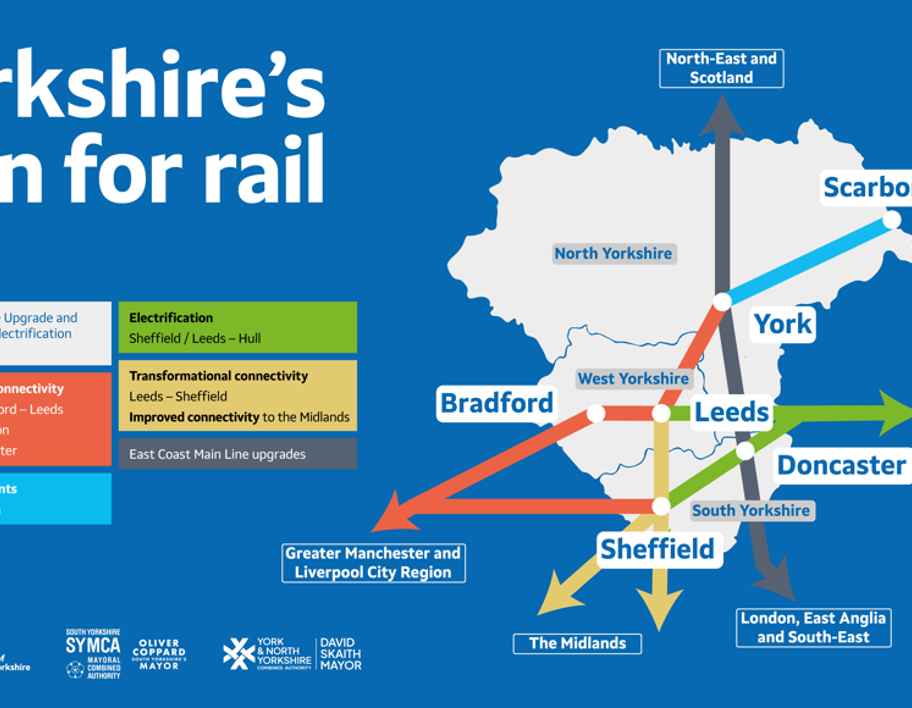 A map of Yorkshire showing rail improvement plans