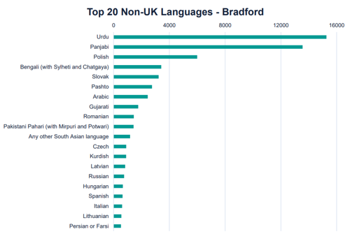 A graph to show the top non-UK languages spoken in Bradford