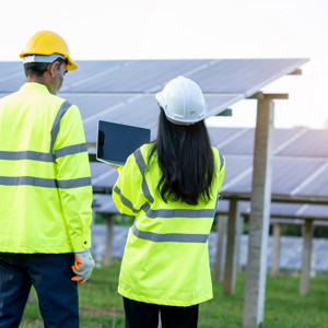 Engineers in high-vis wear look at solar panels and laptop 