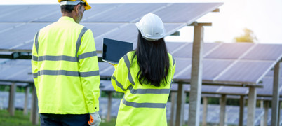 Engineers in high-vis wear look at solar panels and laptop 
