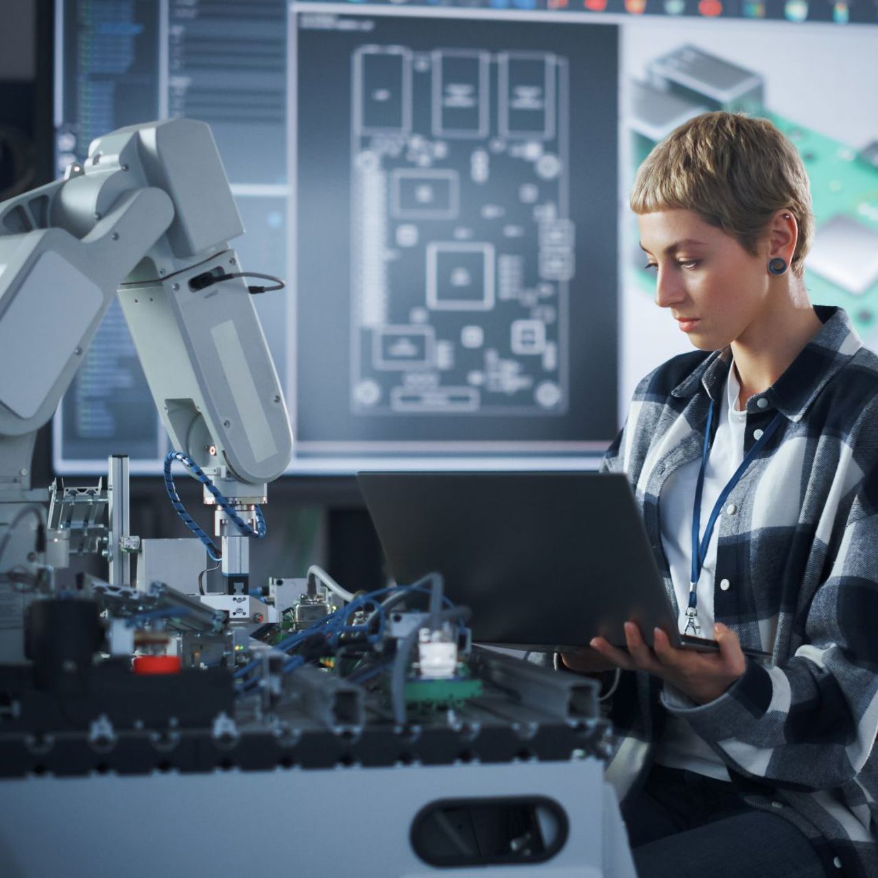 Woman concentrates on laptop and equipment