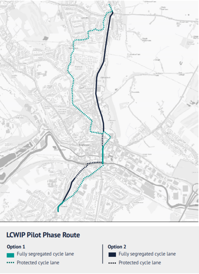 A map highlighting a cycle route proposed in Brighouse