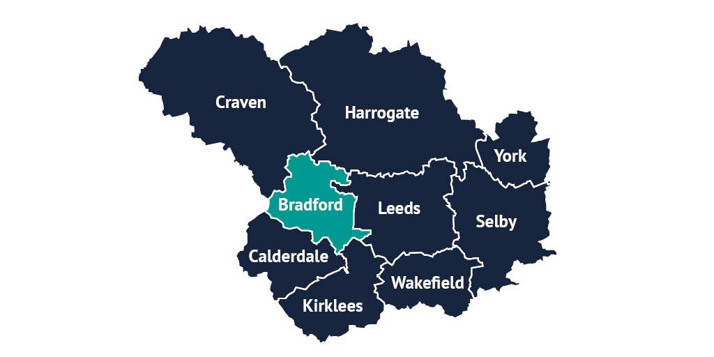 A map of Leeds City Region with the districts of Craven, Harrogate, York, Bradford, Leeds, Selby, Calderdale, Wakefield and Kirklees outlined, and the district of Bradford highlighted.