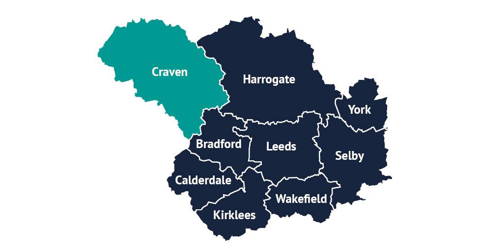 A map of Leeds City Region with the districts of Craven, Harrogate, York, Bradford, Leeds, Selby, Calderdale, Wakefield and Kirklees outlined, and the district of Craven highlighted.