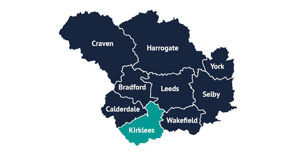 A map of Leeds City Region with the districts of Craven, Harrogate, York, Bradford, Leeds, Selby, Calderdale, Wakefield and Kirklees outlined, and the district of Kirklees highlighted.