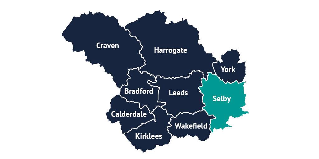 A map of Leeds City Region with the districts of Craven, Harrogate, York, Bradford, Leeds, Selby, Calderdale, Wakefield and Kirklees outlined, and the district of Selby highlighted.