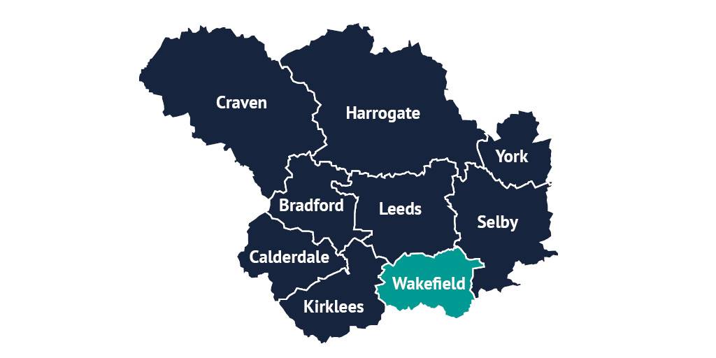 A map of Leeds City Region with the districts of Craven, Harrogate, York, Bradford, Leeds, Selby, Calderdale, Wakefield and Kirklees outlined, and the district of Wakefield highlighted.