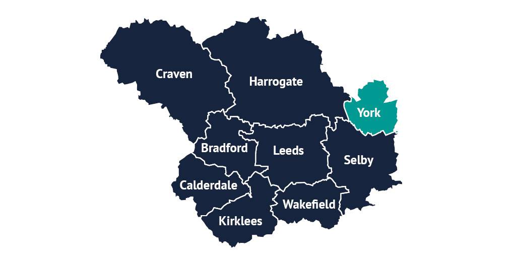 A map of Leeds City Region with the districts of Craven, Harrogate, York, Bradford, Leeds, Selby, Calderdale, Wakefield and Kirklees outlined, and the district of York highlighted.