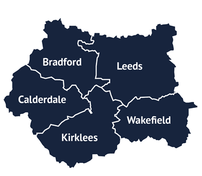Map of West Yorkshire showing the districts of Bradford, Calderdale, Kirklees, Leeds and Wakefield