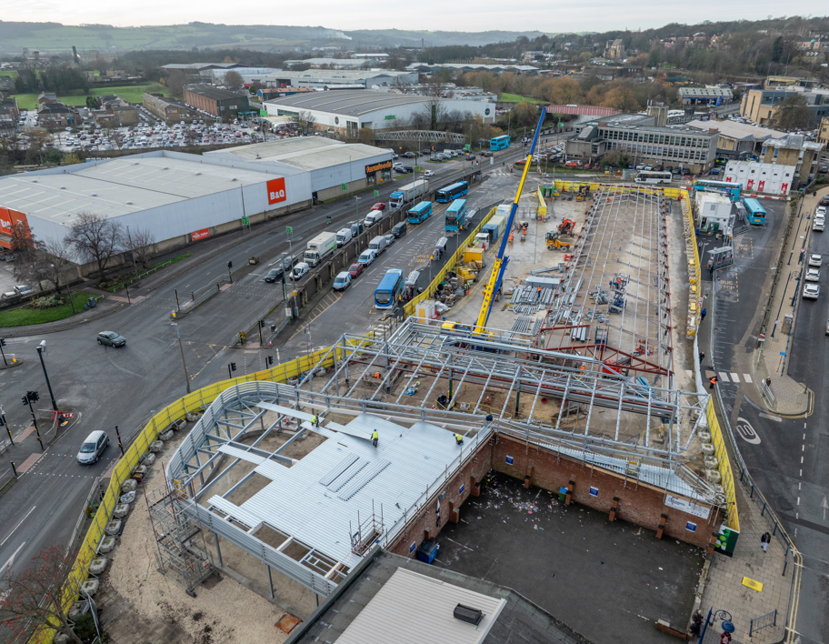 Aerial view of the Dewsbury Bus station construction, December 2025