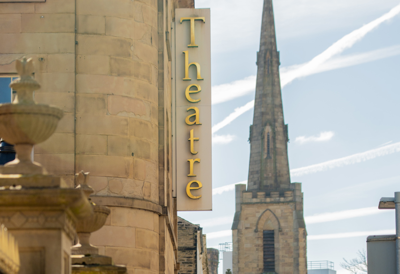 Huddersfield City Centre with theatre sign