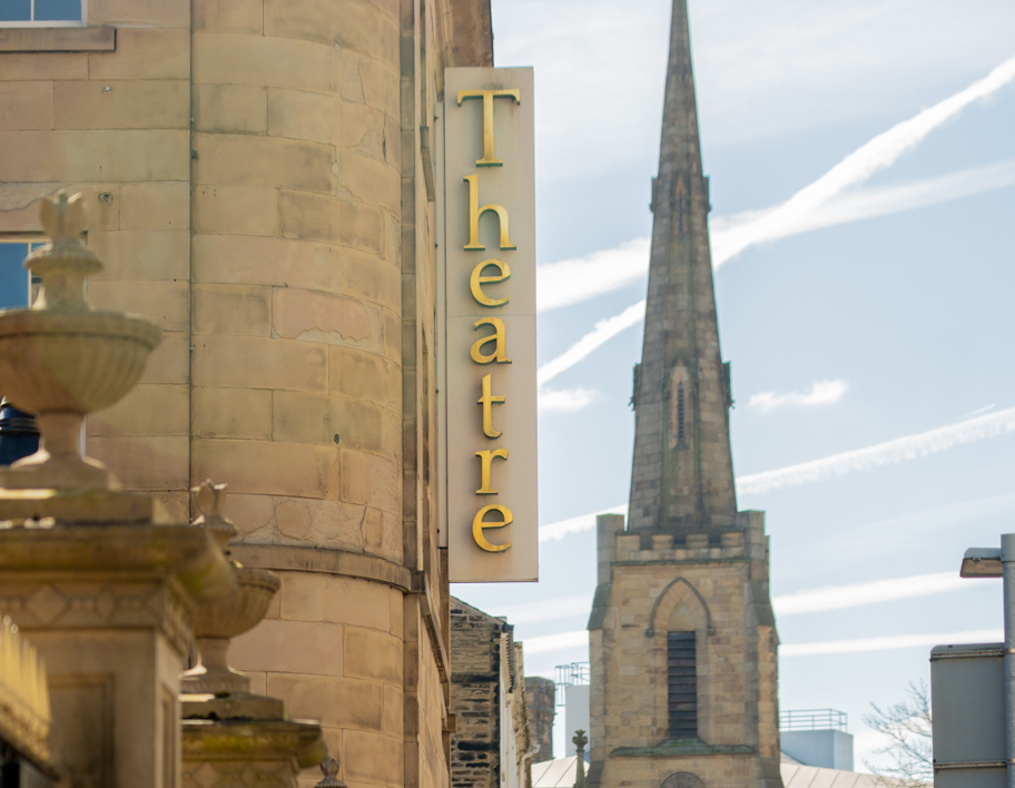 Huddersfield City Centre with theatre sign