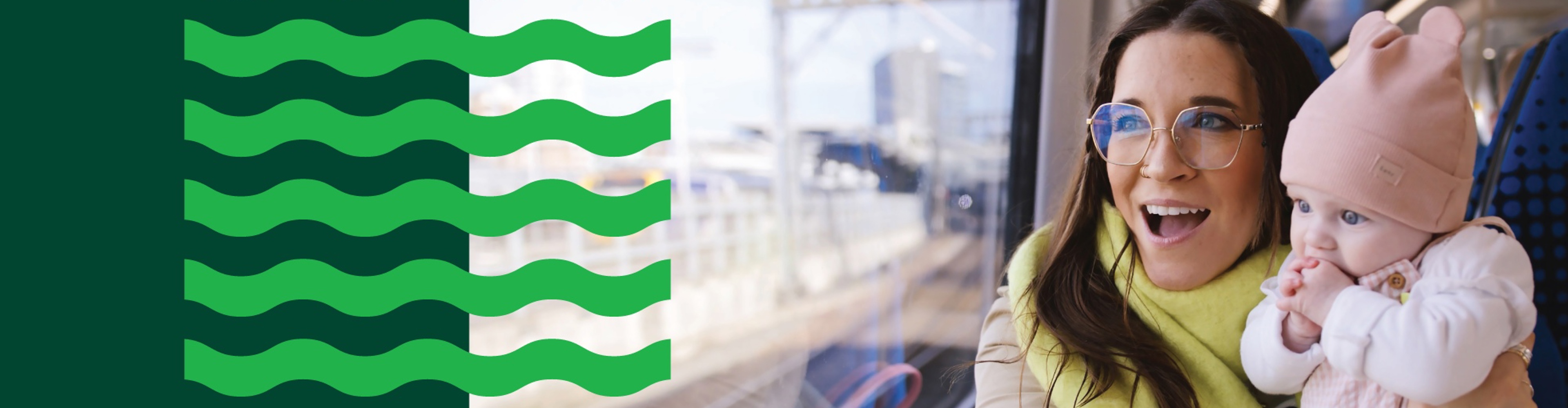 Woman And Baby On Train With Weaver Network Graphic Overlay