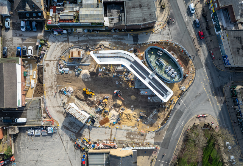 Top-down view of the Heckmondwike Bus station construction, March 2026