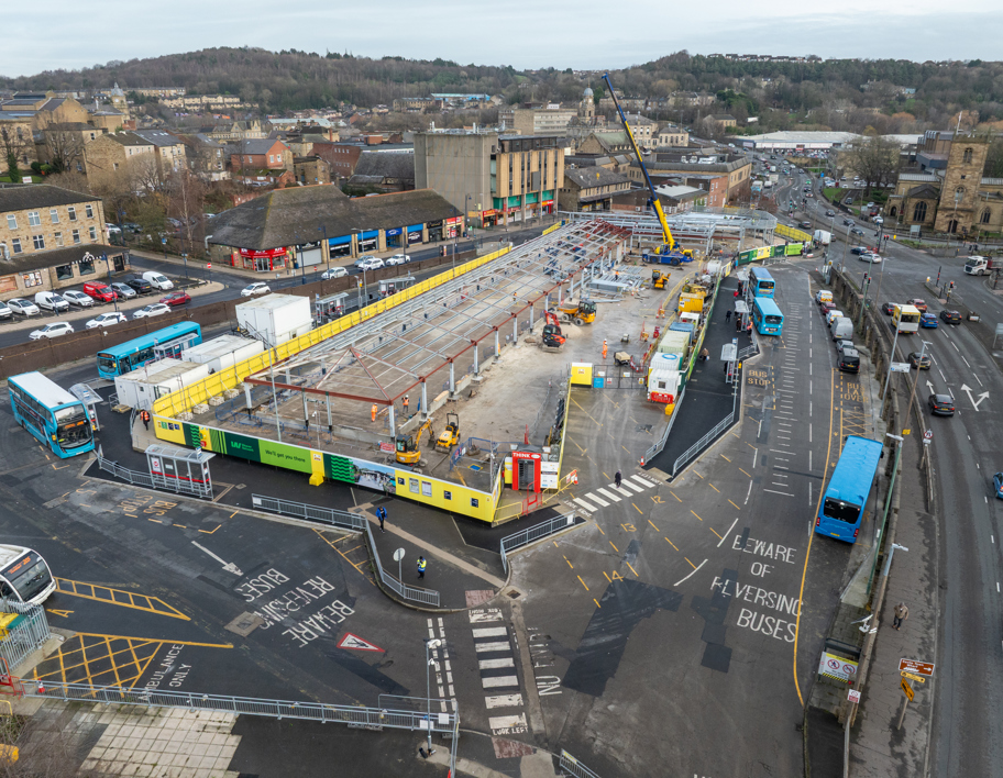 Aerial view of the Dewsbury Bus station construction, December 2025