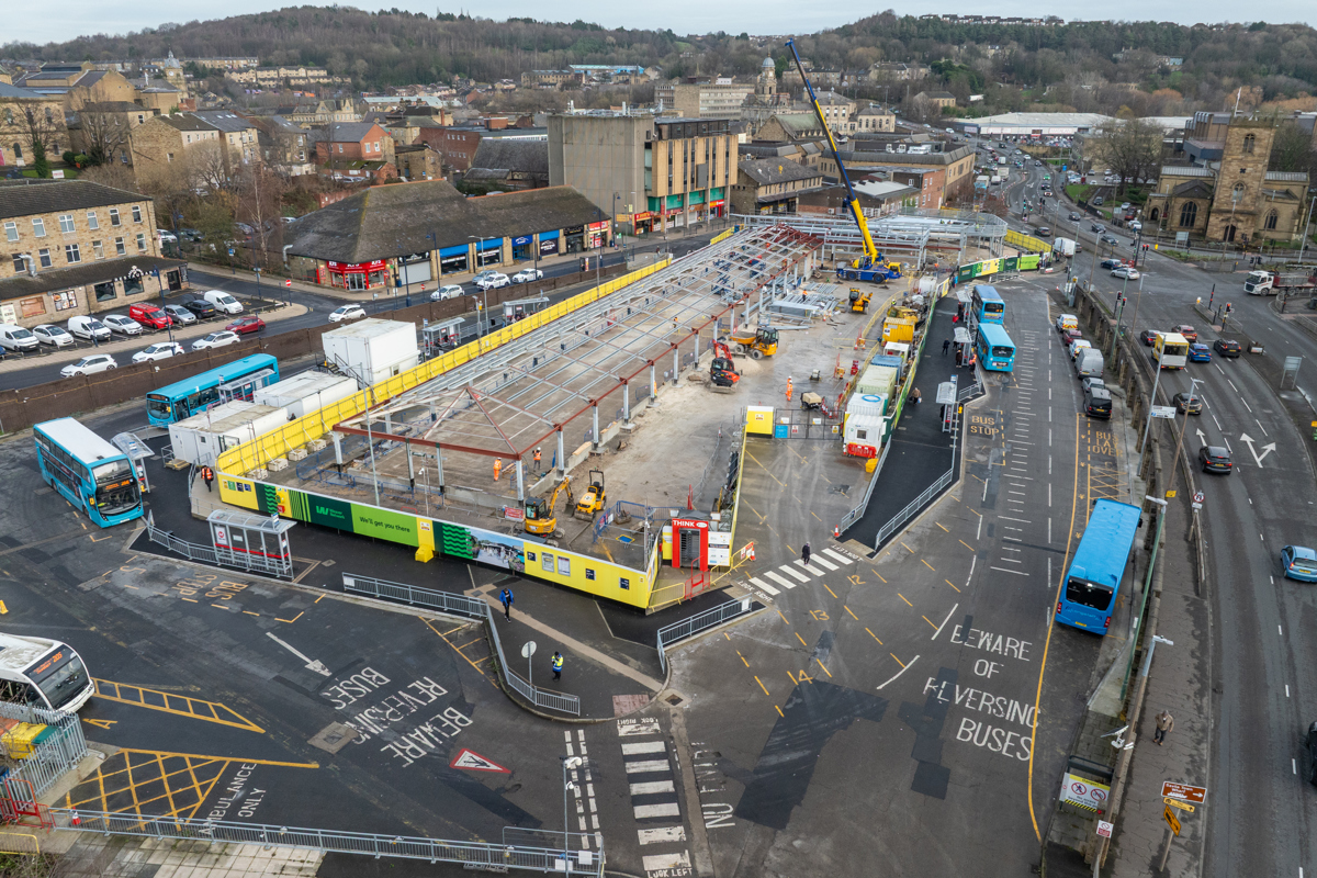 Aerial view of the Dewsbury Bus station construction, December 2025