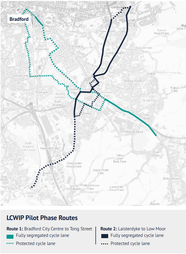 A map highlighting the two proposed cycle routes in south Bradford