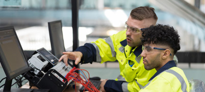 Technicians in high vis clothing working at a desk