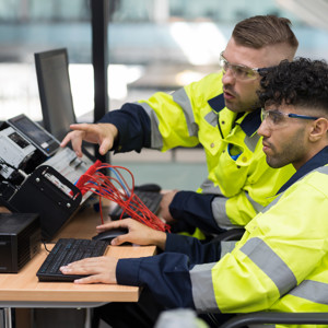 Technicians in high vis clothing working at a desk