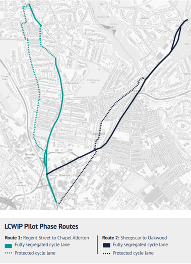 A map highlighting two proposed cycle routes in north east Leeds