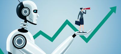 Cartoon robot holds businesswoman in hand