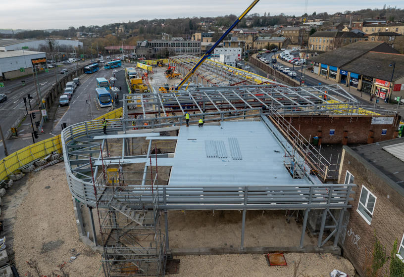 Aerial view of the Dewsbury Bus station construction, December 2025