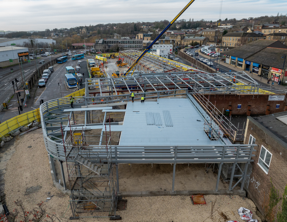 Aerial view of the Dewsbury Bus station construction, December 2025