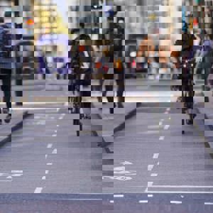 Cyclist using cycle path in Leeds
