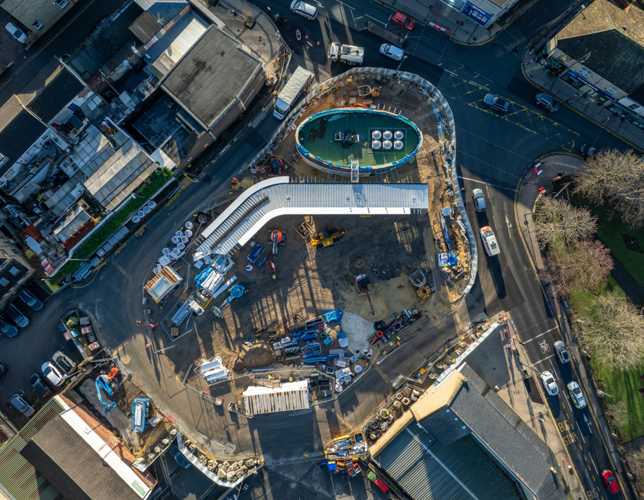 Aerial view of the Heckmondwike Bus station construction, December 2025