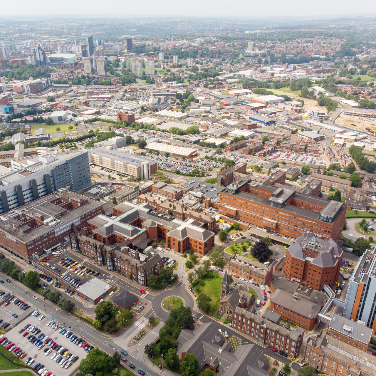Aerial photo of Leeds including the St. James's University Hospital