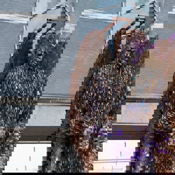 Sculpture of winged angel made of knives