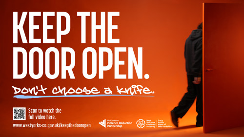 Campaign poster in orange showing a person walking through a doorway with the text 'Keep the door open, don't choose a knife'