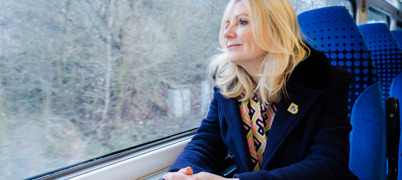 Tracy Brabin sat on a train, looking out the window
