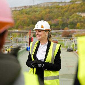 Mayor of West Yorkshire, Tracy Brabin, visiting the site of Halifax Bus Station wearing a hard hat and high-vis clothing
