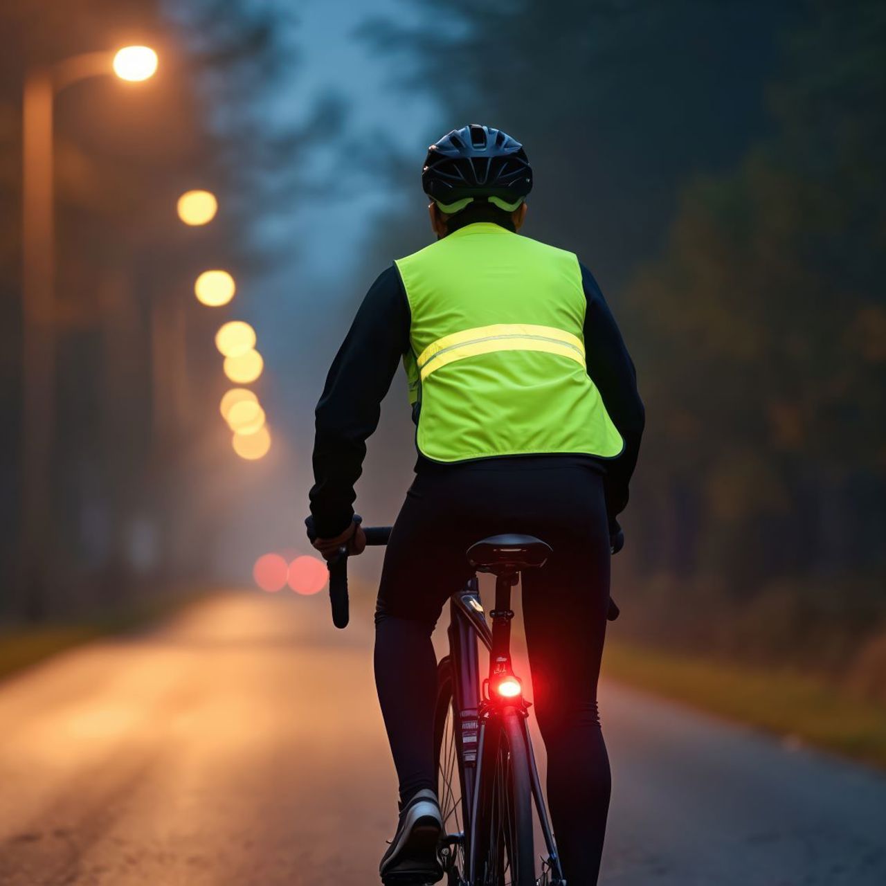 Cyclist wearing reflective safety vest at night
