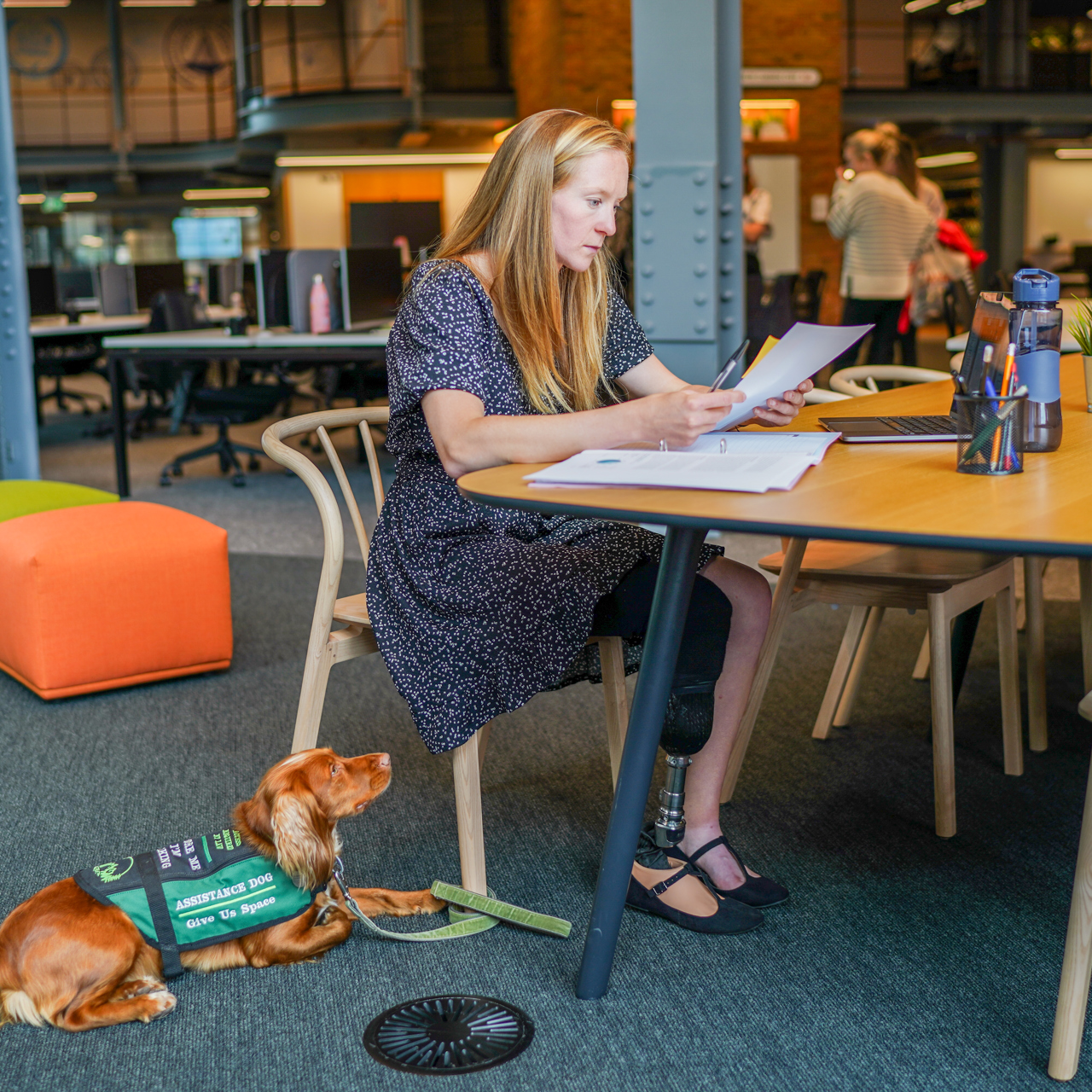 Woman with guide dog sat at a table