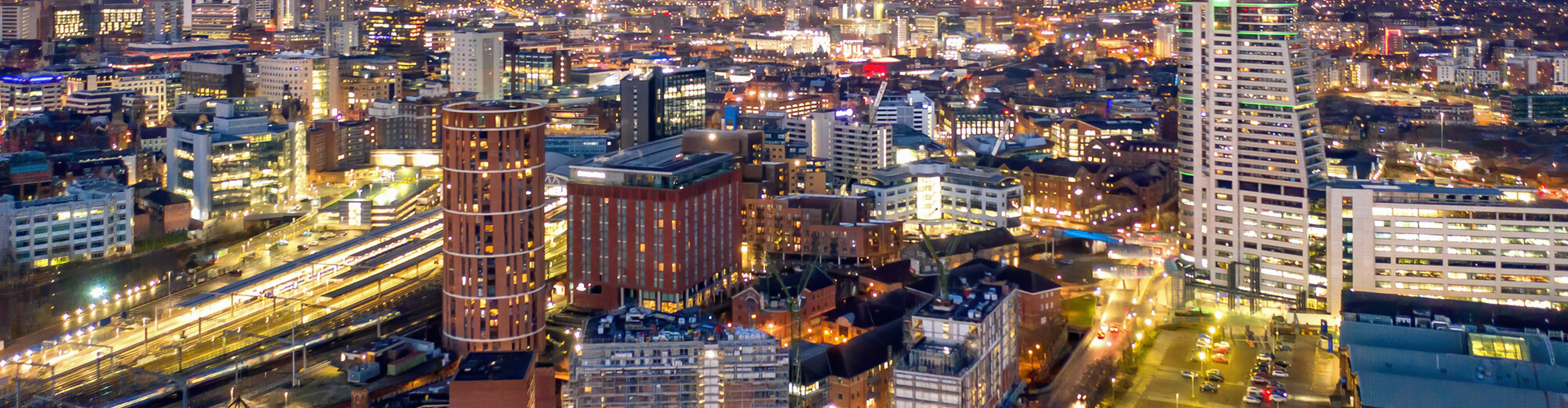 Aerial view of Leeds at night