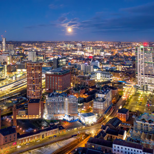 Aerial view of Leeds at night