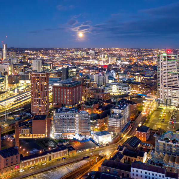 Aerial view of Leeds at night